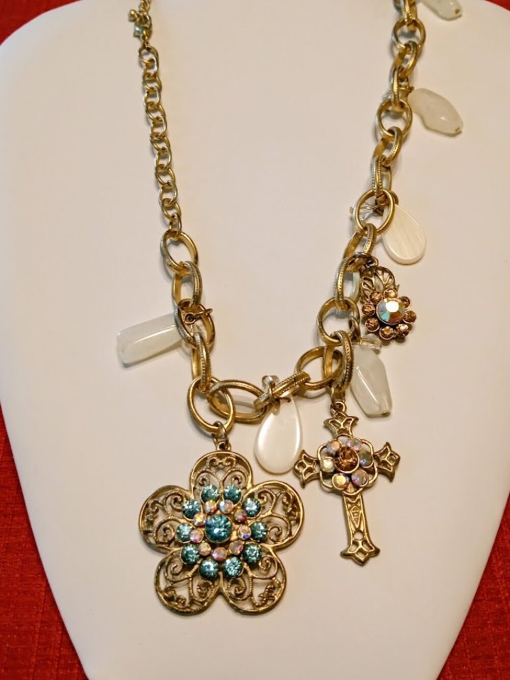 VTG Liz Palacios Chunky Statement Gold Tone Boho Aurora Borealis Flower Cross